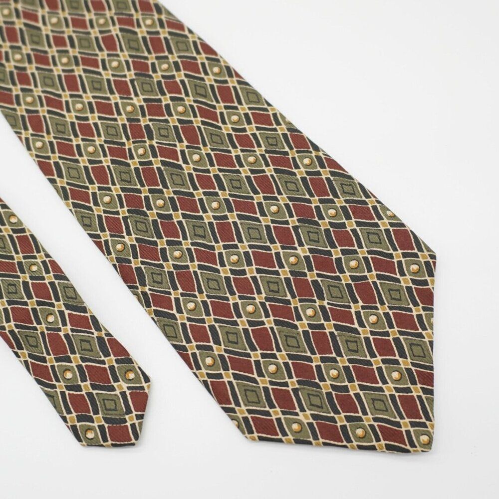 Robert Talbott Reddish Brown Green‎ Geometric Print Wide Silk Tie